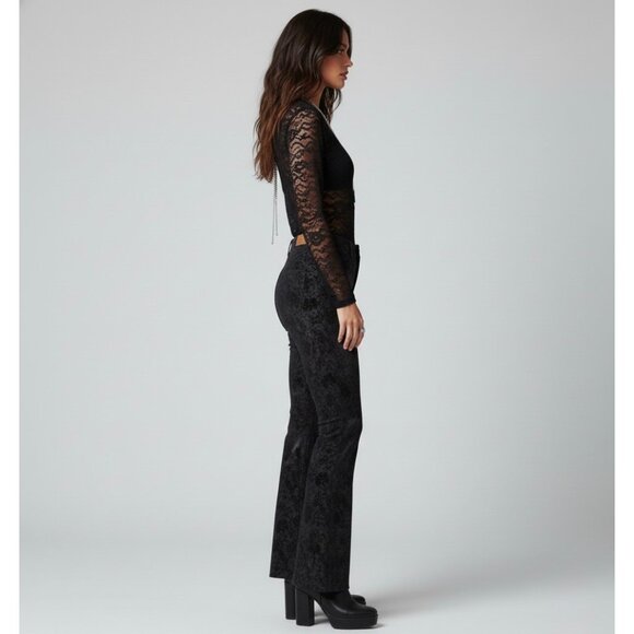 Y2K Black Floral Velvet Mid Rise Flare Jeans | Mob Wife Dark Academia Whimsigoth - Picture 5 of 10